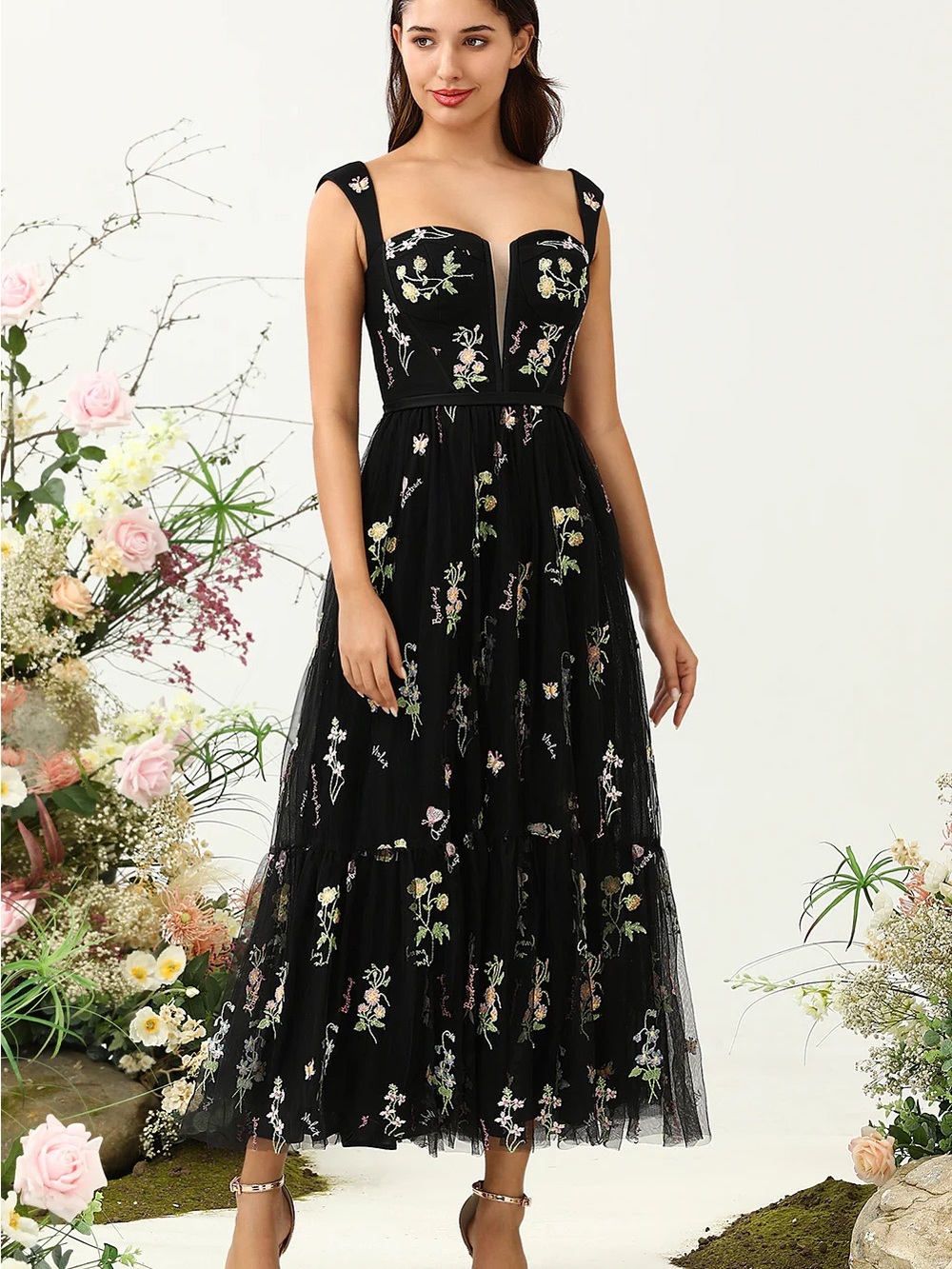 Black A Line Sweetheart Tea Length Wedding Party Dress with Embroidery size 12